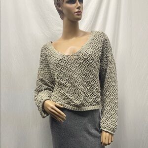 Nicole Miller Women's Sage Green Crochet V-Neck Sweater